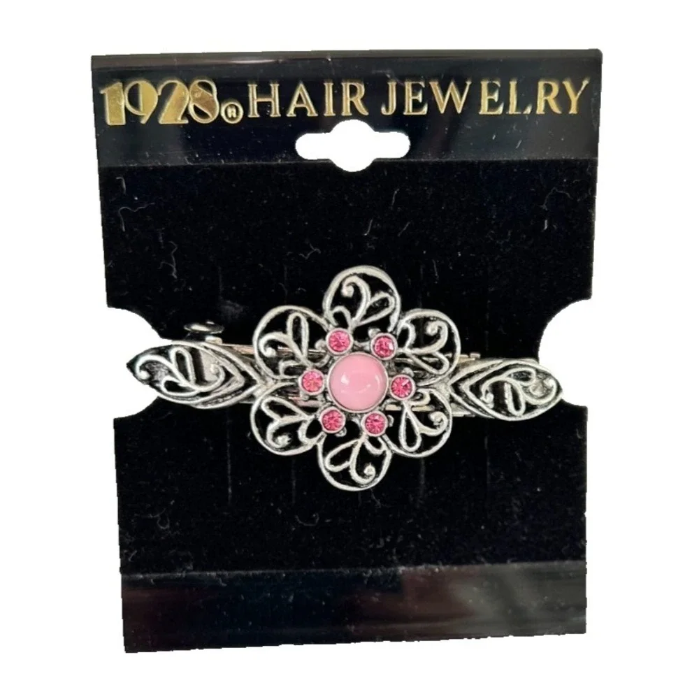 1928 Hair Jewelry Barrette Filigree Floral Silver Pink Rhinestone Cabochon NEW